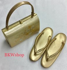 高級和装用 帯地バッグ 草履 セット 白金に金色 扇面の菊桜梅柄 撥水