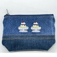 【デニムリメイク】喫茶店のプリンの刺繍入りのポーチ