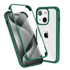 【人気商品】耐衝撃 強化ガラス 100％画面タッチ感度 フロント+バックプレート 360°全面保護 軽量 前面ガラス+背面PCプレート ワイヤレス充電対応 両面透明 前後 両面 ケース カバー iPhone15 (iPhone15 MQman グリーン)
