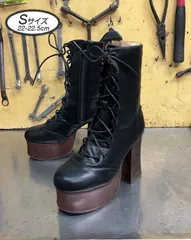 ☆新品未使用☆ 激安 Sサイズ 22.5cm ヨースケ YOSUKE 厚底ブーツ レディース ブラックコンビ レースアップブーツ 編み上げブーツ ショートブーツ 約10cmヒール MY573-281