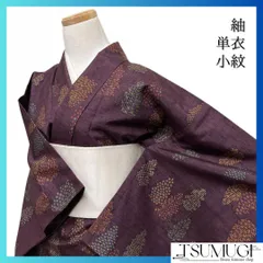 小紋　紬　単衣　木々文様　植物　縦縞　破線　着物　094b d