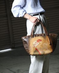 cow leather unique art handbag 80s 90s カウレザー 本革 型押し アート ジップクロージャー ハンドバッグ ブラウン系