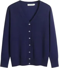 Dep Club 肌触りが良いxきちんと感 スクールカーディガン 女子 大きいサイズ 学生 レディース 無地 事務服 仕事 ニット 上品 Vネック 長袖 柔らか 春 秋 冬(ネイビー,  M)
