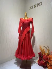 【新品・未使用】既製品ワンピース　社交ダンスドレス　モダンドレス　スタンダード　パーティ―ドレス　ワンピース　赤　M
