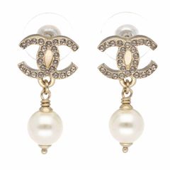 CHANEL シャネル ココマーク ロゴ コスチュームパール スタッズピアス 18A ラインストーン ストラスゴールド金具 Made In France【送料無料】【中古】25010127
