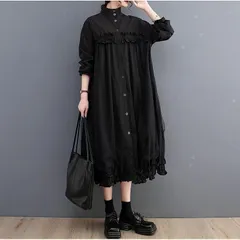 新品 2026新作 モード系　大きいサイズ ニューデザイン　ワンピース　モノトーン　黒コーデ　ブラック　秋冬　ワンピース　ハイカラー　レディース 　春夏 秋 新品 長袖