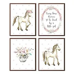Horse Wall Art Every Horse Deserve to Be A Little Girl ピンクの花 ポニー(4枚セット)
