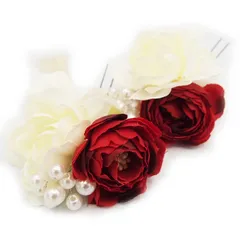 髪飾り ２点セット 赤 ダリア ラナンキュラス パールビーズ 成人式 花 和風 浴衣 着物 振袖 袴 ドレス 七五三 子供 結婚式 卒業式 入学式 ヘアコーム ヘアアクセサリー 送料無料 髪留め 日本製 アカ W 33 323-224 u914　Si