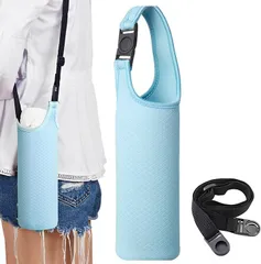 fogman 水筒カバー おしゃれ ペットボトルカバー 魔法瓶 持ち運び 携帯 ストラップ付(ライトブルー,  中)