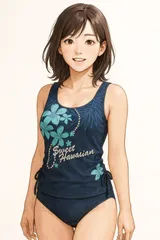 H203ネイビーの花柄タンキニ風女子ワンピースファッション水着♪海にプールに撮影用にも♪サイズ9M