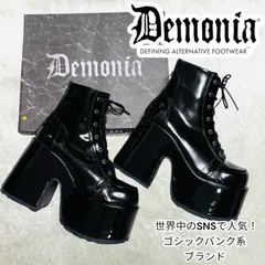 極美品 未使用級 DEMONIA デモニア ブラック レースアップ ブーツ ショート アンクル 厚底 エナメル 編み上げ 12 27cm 世界中のSNSで人気 ゴシックパンク系 ブランド