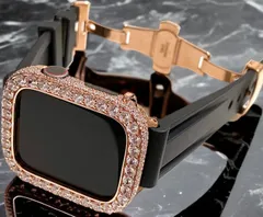 超高級大粒ローズゴールド×ブラック★AppleWatchキラキラケース　カバー　アップルウォッチ　ラバーバンド　ベルト　40mm 41mm 44mm