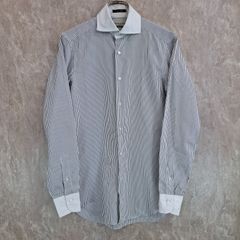 BEAMS ビームス THOMAS MASON トーマスメイソン 日本製 ストライプ ラウンドカット ホワイト　白 ダークグレー 14 1/2 (S相当) Yシャツ