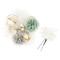 髪飾り 成人式 ちりめん 水引 ゴールド 振袖 前撮り 袴 花 白 グレー 灰色 緑 玉飾り カスミソウ パール ビーズ ラインストー No.12-1082