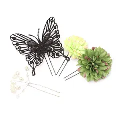 髪飾り 成人式 振袖 前撮り 袴 花 浴衣 夏祭り 花火大会 ４点セット 抹茶色 ライムグリーン 黒 ラメ 蝶 蝶々 浴衣 かんざし 髪 No.9-3791