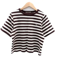 ナイスクラップ NICE CLAUP カットソー ラウンドネック 半袖 ショート丈 ロゴ刺繍 茶色 ブラウン オフホワイト /HO22