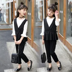 子供スーツ 女の子 セットアップ フォーマル 長袖 入学式 パンツスーツ トップス ズボン ベスト 子供服 ジュニア 卒業式 結婚式 発表会 演奏会 七五三 春秋 3点セット 上下セット 普段着 ブラック カーキ フォーマルスーツ 子供用 shengwa01