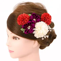 髪飾り 成人式 つまみ細工 赤 振袖 前撮り 袴 浴衣 夏祭り 花火大会 豪華6点セット 紫 白 ちりめん パール パールピン おしゃ No.9-4209