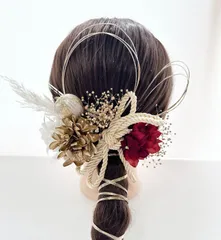 no.14 成人式髪飾り　成人式　髪飾り　水引　ヘアアクセ　金箔　ボルドー　赤　ゴールド　振袖　和装