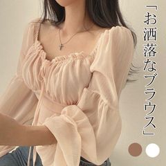 シアートップス レディース ブラウス トップス フリルシャツ シフォンブラウス フレア袖 大きい胸見え 大人 カジュアル フェミニン  お洒落 夏 ママコーデ 20代 30代 40代