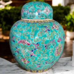 中国買付品 中国美術 景徳鎮松石綠釉粉彩茶入 茶道具 茶器 蓋付 時代物