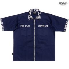 LOWLOW STREETWEAR ROLLING BANDANA ZIPUP SHIRTS【NAVY】 (ワークシャツ ジップシャツ 半袖 ショートスリーブ バンダナ ペイズリー PAISLEY LOWRIDER ローライダー ロサンゼルス)