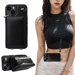 【迅速発送】いphone15 ケース ショルダー 財布型 iphone15 ケース ショルダー付き 大容量 カード収納 長さ調整可能 肩掛け 斜めかけ アイフォン15 ケース 背面収納 ストラップ 手帳型 ストラップ付き (黒 15)