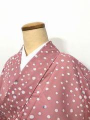 【中古】 Mサイズ 夏着物 化繊 小紋 絽 ピンク地に枝花模様 洗える着物 