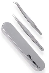 【在庫処分】ケース付 2本セット 先曲がり ストレート ピンセット ステンレス 精密 極ツマミ aurochs