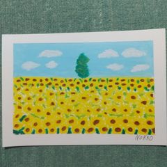 セール。額なし  オイルパステル画  ひまわり畑  原画１点物  A5サイズ