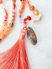 天然石　オパール　ロングネックレス　コーラル珊瑚　アメジスト　