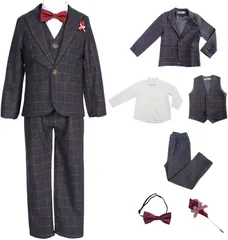 LivKids キッズ フォーマル スーツ 男の子 6点セット 入園式 卒園式 入学式 発表会 七五三 セットアップ ジャケット ベスト 子供服 チェック柄(グレー,  110)