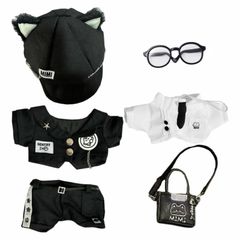 niannyyhouse　20cm ぬいぐるみ 服　黒猫セット　帽子　上着　ワイシャツ　半ズボン　リュックサック　メガネ　着せ替え　綿人形　アクセサリー
