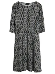 タルボット TALBOTS ワンピース S 切替 プリント 総柄 ネイビー ブラウン ホワイト 茶色 白 長袖