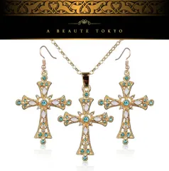 新品◆キラキラ スワロフスキー 使用 大きな クロス ピアス ネックレス セット ブルー系 ゴールド◆silver925 ジュエリーポーチ 保証書 十字架