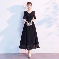 ピアノ 発表会 ドレス 大人 ワンピース 成人式 同窓会 結婚式 母親 Vネック 袖あり レース パーティドレス ミモレ丈 披露宴 二次会 演奏会ドレス 3XL 黒 ブラック お呼ばれ da807s1