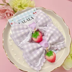 purple❤︎ ジューシーいちご　ギンガム　リボン　ヘアクリップ　ガーリー　ハンドメイド