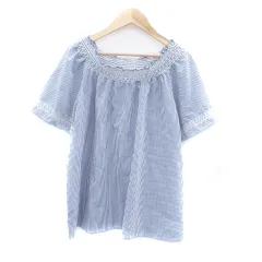 グローブ grove ブラウス カットソー ラウンドネック 半袖 ストライプ柄 M オフホワイト 青 ブルー /HO25