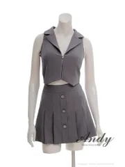 グレー[OF05] [ON2947-Indigo-2507]XSサイズあり【ANDY/アンディ】襟付き/ ノースリーブ/ フロントジップ/ プリーツ/ フレア/ セットアップ/ ミニドレス/ キャバドレス