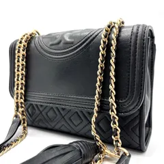 ✨美品✨ Tory Burch トリーバーチ ショルダーバッグ トートバッグ 小物 フラップ フレミング キルティング エンボス加工 ゴールドチェーン フリンジ 肩掛け レザー レディース ブラック 黒色