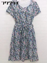 ◇ ◎ NATURAL BEAUTY BASIC ベルト付 総柄 フレンチスリーブ 膝丈 ワンピース サイズM グレー ホワイト マルチ レディース  【中古】 【1109100020853】