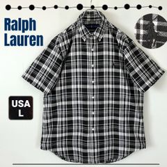 ラルフローレン/Ralph Lauren★オックスフォードBD半袖シャツ★モノトーンチェック柄★ワンポイント刺繍★USAメンズL   #2505M025