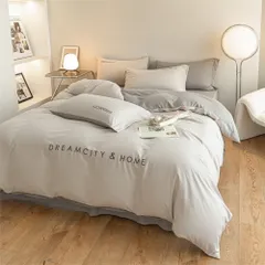 セミダブル 100％ 4点セット 寝具カバーセット 刺繍 綿 洋式・和式兼用 無地 掛け布団カバー 布団カバー ボックスシーツ 枕カバー ベッド用 限定】 布団用 高密度生地 布団カバーセット 【 洗い替え速乾タイプ 防ダニ (セミダブルライトグレー&グレー)