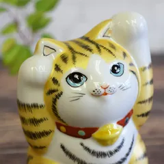 美品】骨董 猫 招き猫 陶器 九谷焼 金彩 置物 インテリア 工芸品 G1 - 置物