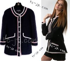シャネル ジャケット コート CHANEL 84万 ダーク ネイビー レッド アイボリー トリコロール ブレード トリム ウール 超美品 36 38 カールラガーフェルド