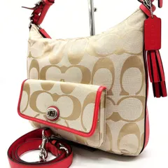 ✨良品✨ COACH コーチ ハンドバッグ ショルダーバッグ 2way シグネチャー ターンロック タッセル ベージュ 肌色 レッド 赤色 キャンバス レザー 革 ユニセックス 男女兼用 メンズ レディース