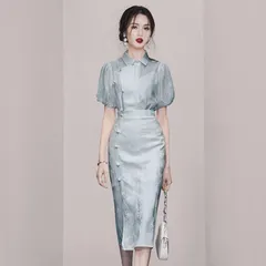 ワンピース チャイナ風 クラシック フリル 高ウエスト 2点セット A241218-54