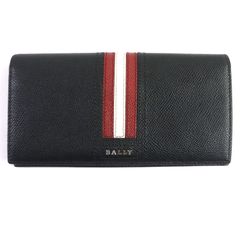 極美品▼BALLY バリー 6218067 TALIRO.LT10 レザー ロゴ金具付き ストライプ ロングウォレット 2つ折り  長財布 ブラック 箱付き メンズ