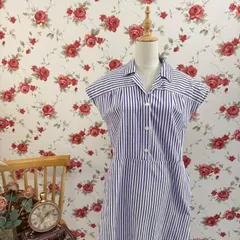 ストライプシャツワンピース 半袖 襟付き  パープルxホワイト ストライプ柄 夏 ナチュラル シンプルカジュアル