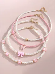 ジュエリー レディース ネックレス セット ハンドメイドビーズネックレスセット4点入り、チョーカー、鎖骨チェーン、かわいい花、星、リボンペンダントネックレス、フェイクパール、シードビーズ、ミニマリストクリスマスアク